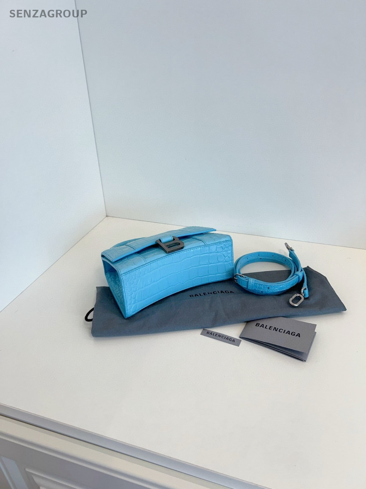 Balenciaga Hourglass 2Way Top Handle Bag Crossbody Blue Silver Women Classic
