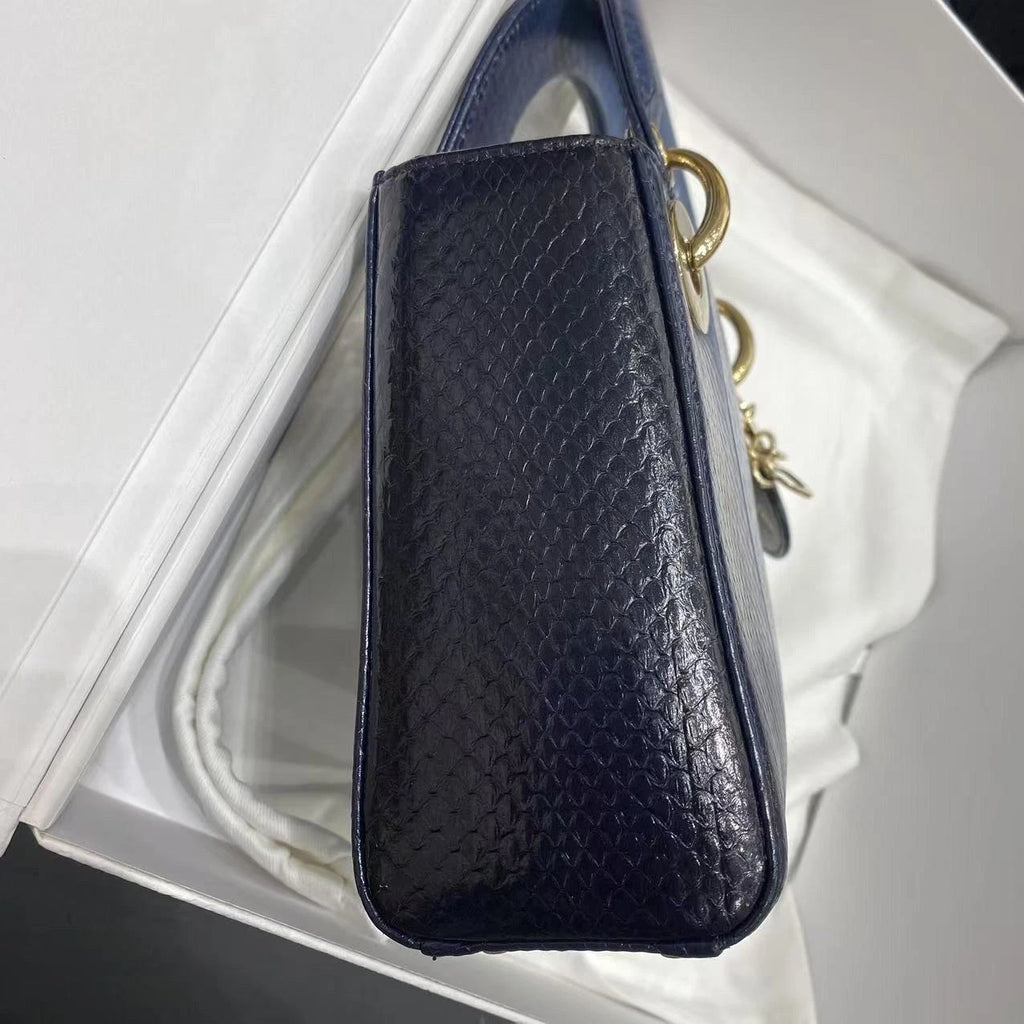 Dior Women Blue Gold Leather Lady Dior Top Handle Bag