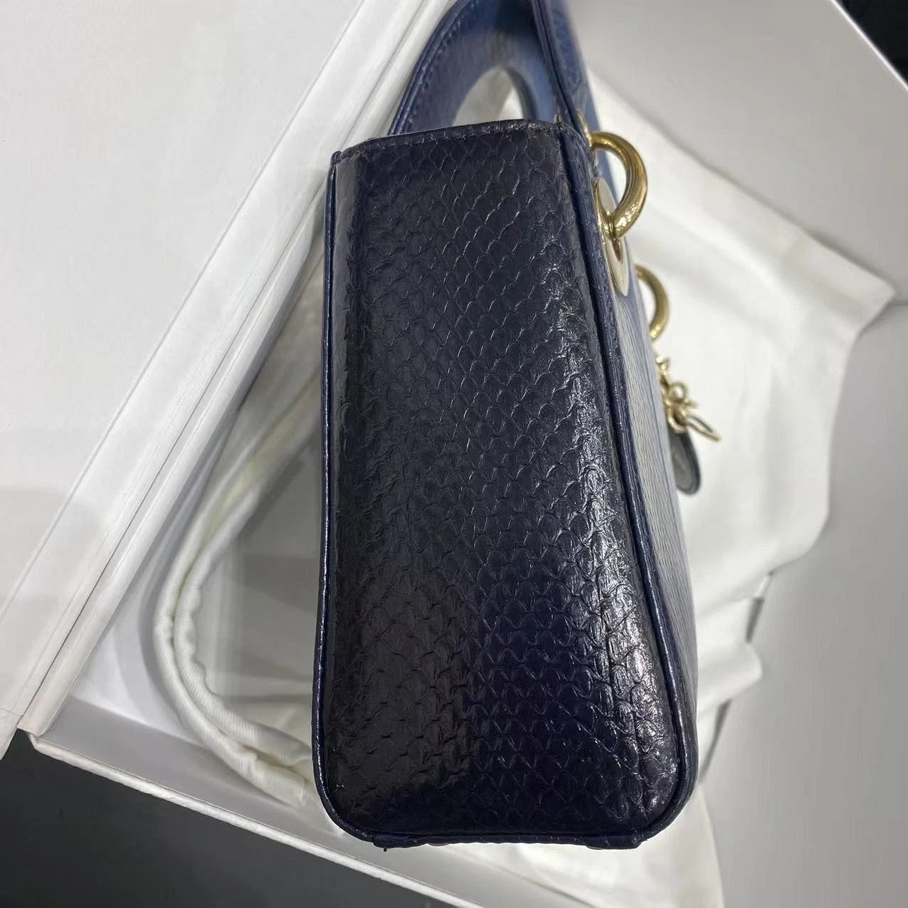 Dior Women Blue Gold Leather Lady Dior Top Handle Bag