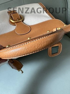 Gucci Vintage Canvas Leather Tote Bag Beige Orange Gold Women Fashion