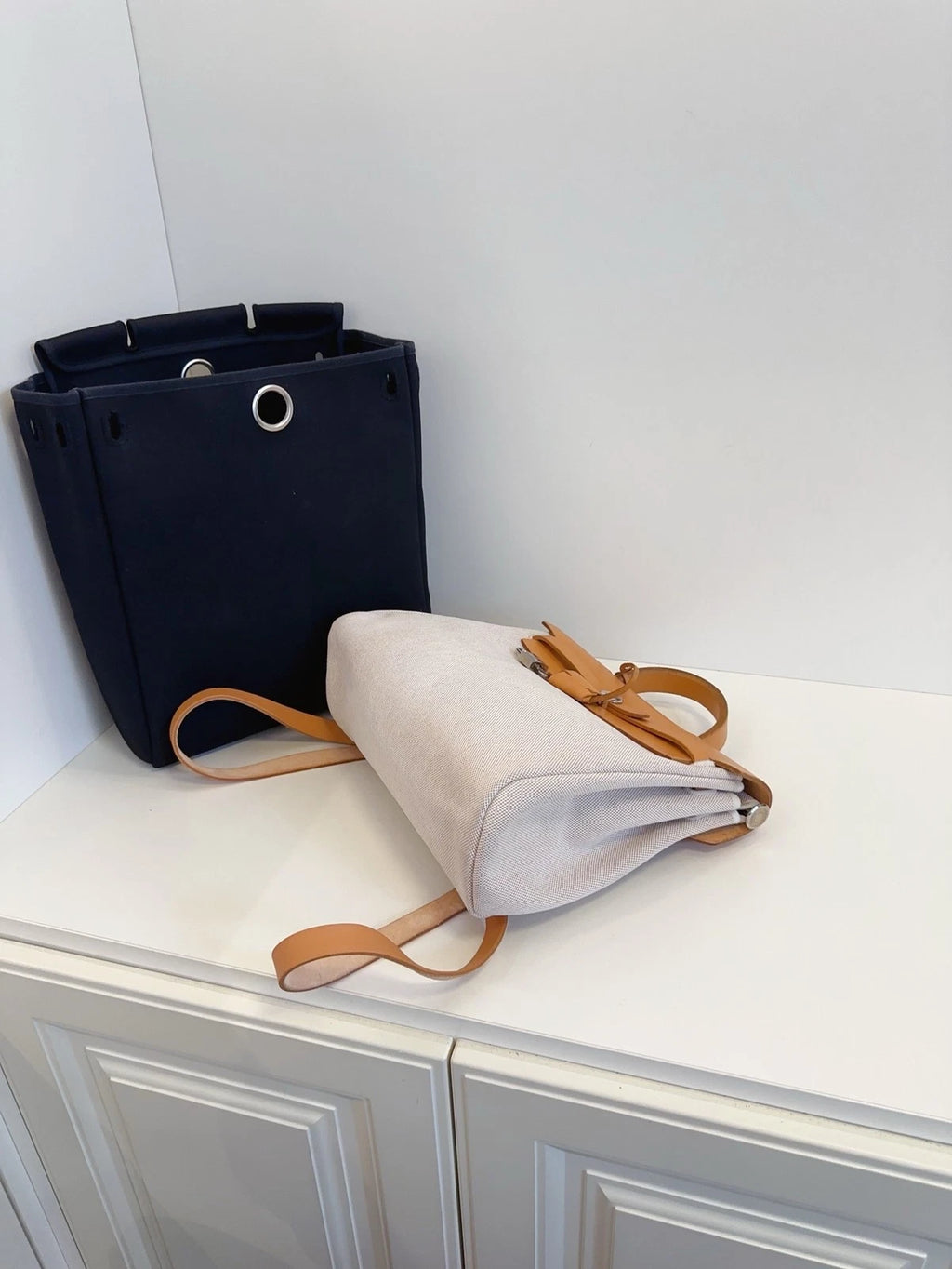 Hermes Herbag 31 Backpack Caramel Leather Silver Hardware Reversible Canvas