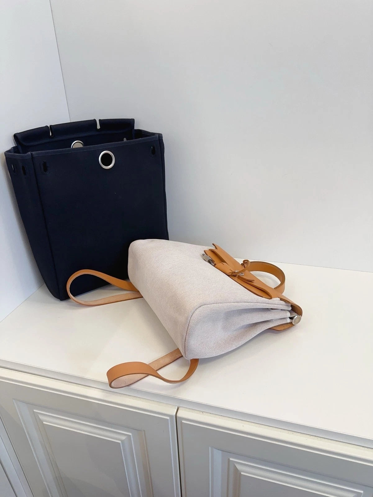 Hermes Herbag 31 Backpack Caramel Leather Silver Hardware Reversible Canvas