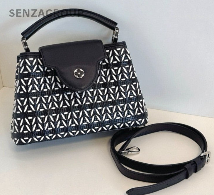 Louis Vuitton Capucines BB Top Handle Shoulder Crossbody Bag Black White Women