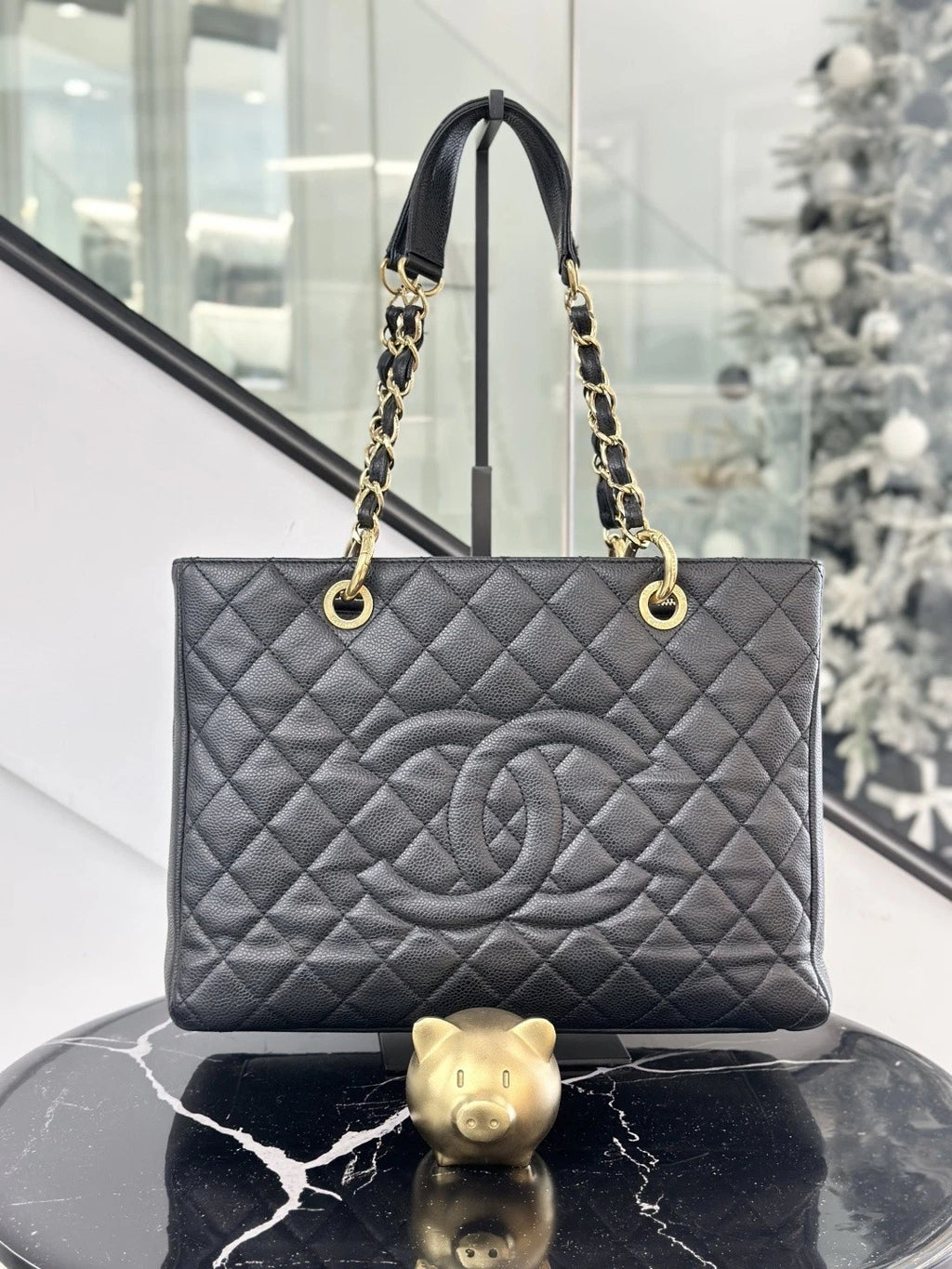 Chanel Grand Shopping Tote MM Calfskin Chain Shoulder Bag Black Women S