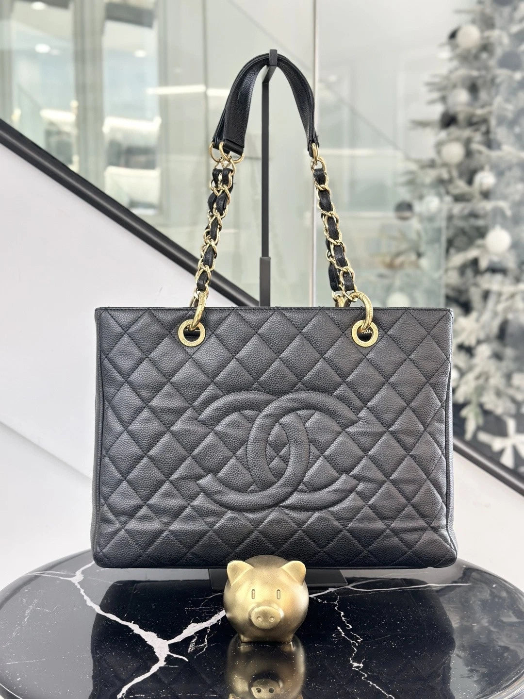 Chanel Grand Shopping Tote MM Calfskin Chain Shoulder Bag Black Women S