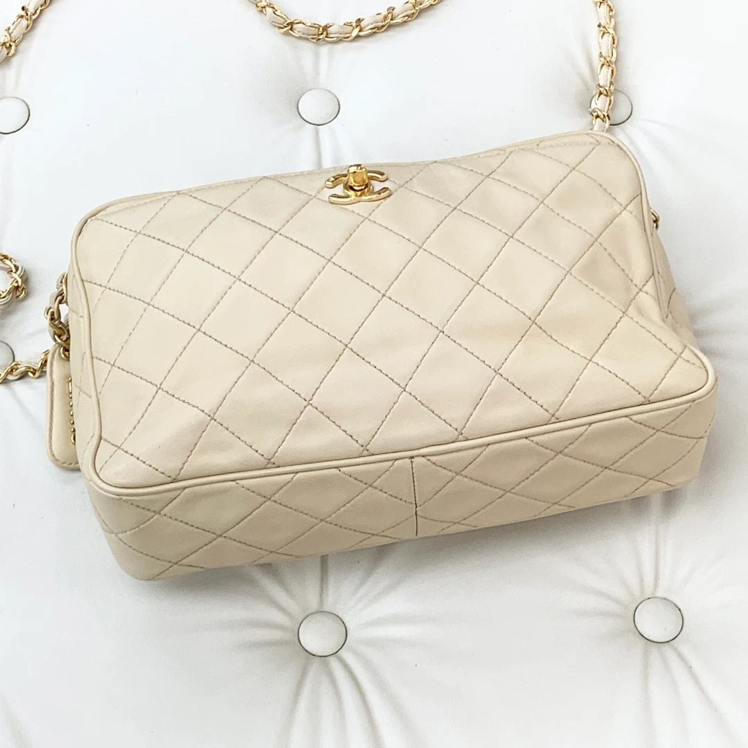Chanel Lambskin Camera Bag Chain Shoulder Crossbody Bag Beige Women S