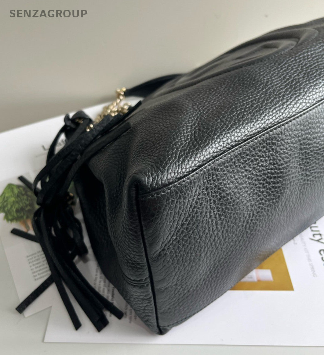 GUCCI SOHO GG Logo All Leather Chain Shoulder bag Black Women