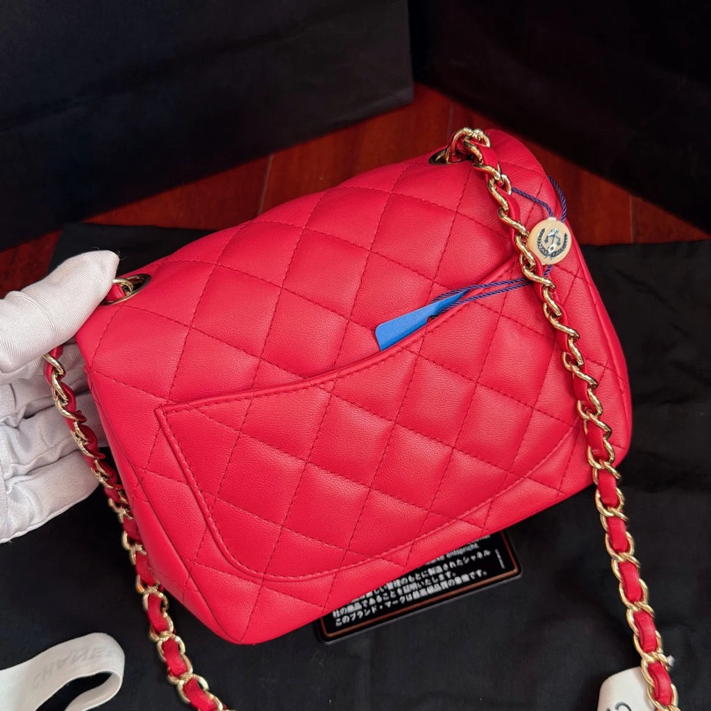 Chanel Classic Flap Lambskin Chain Crossbody Red Gold Women Diamond