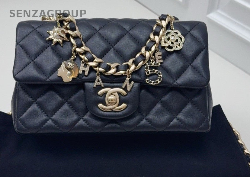 Chanel Classic Flap Lambskin Mini Chain Shoulder Bag Crossbody Black Gold Women