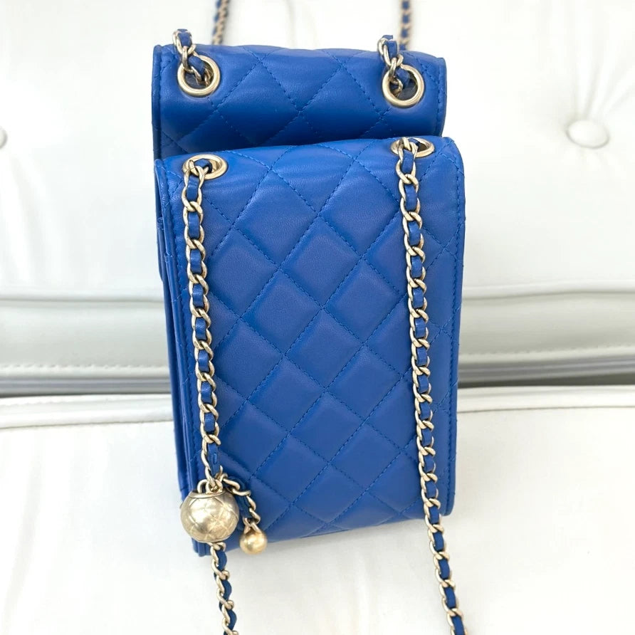Chanel Lambskin Phone Bag Shoulder Crossbody Bag Blue Gold Hardware Women S
