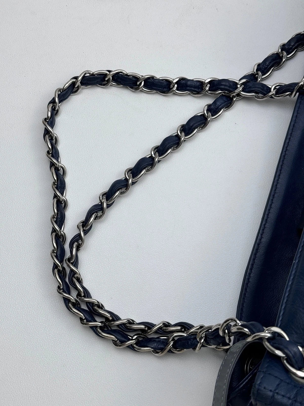 Authentic Chanel CC Logo Silver Chain Blue Tote Shoulder Bag