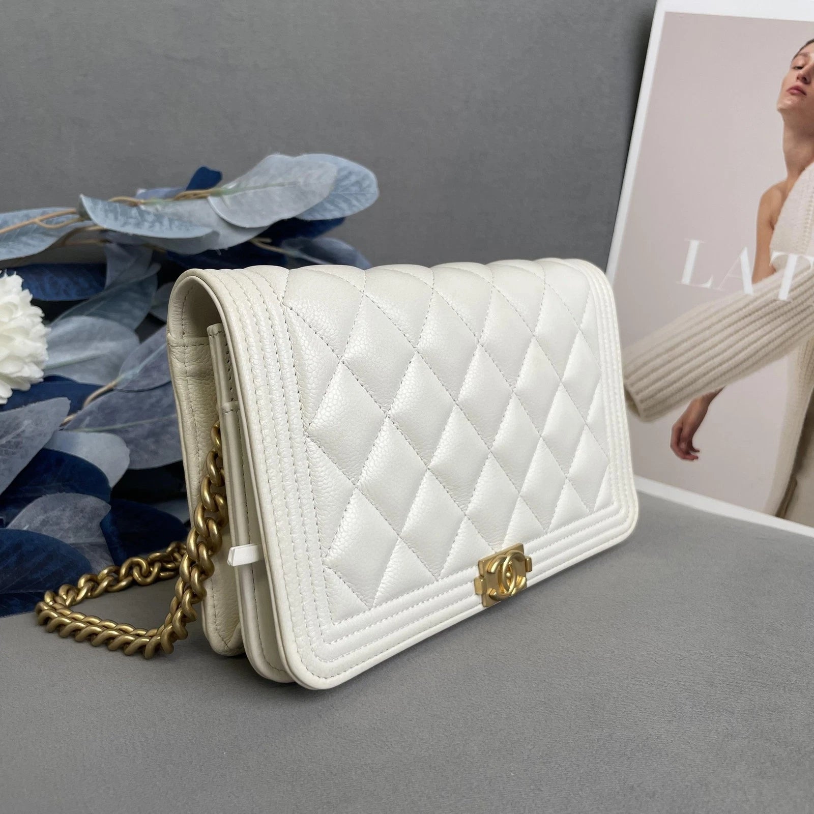CHANEL White Gold Leather LeBoy WOC Crossbody Bag For Women