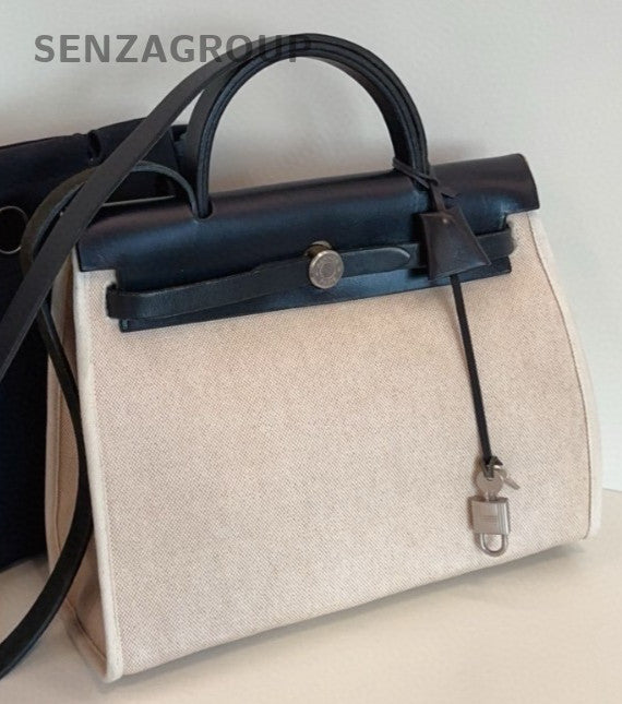 Hermes Herbag Canvas Top Handle Bag Crossbody White Black Women Classic Vintage