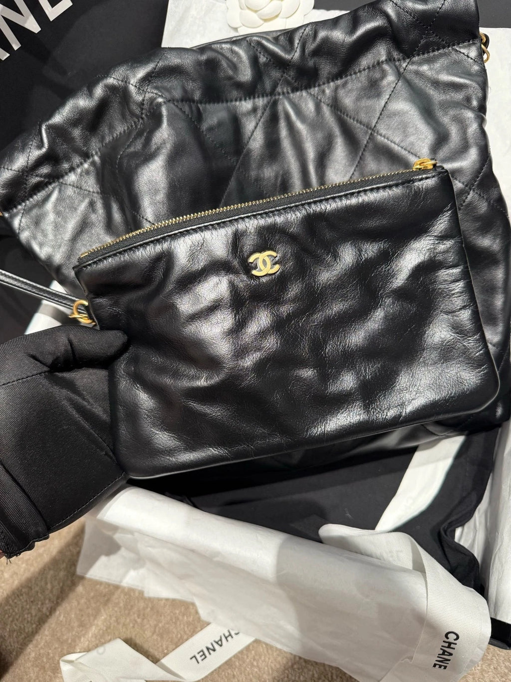 New CHANEL Calfskin 22 Small Black Tote Shoulder Bag For Women