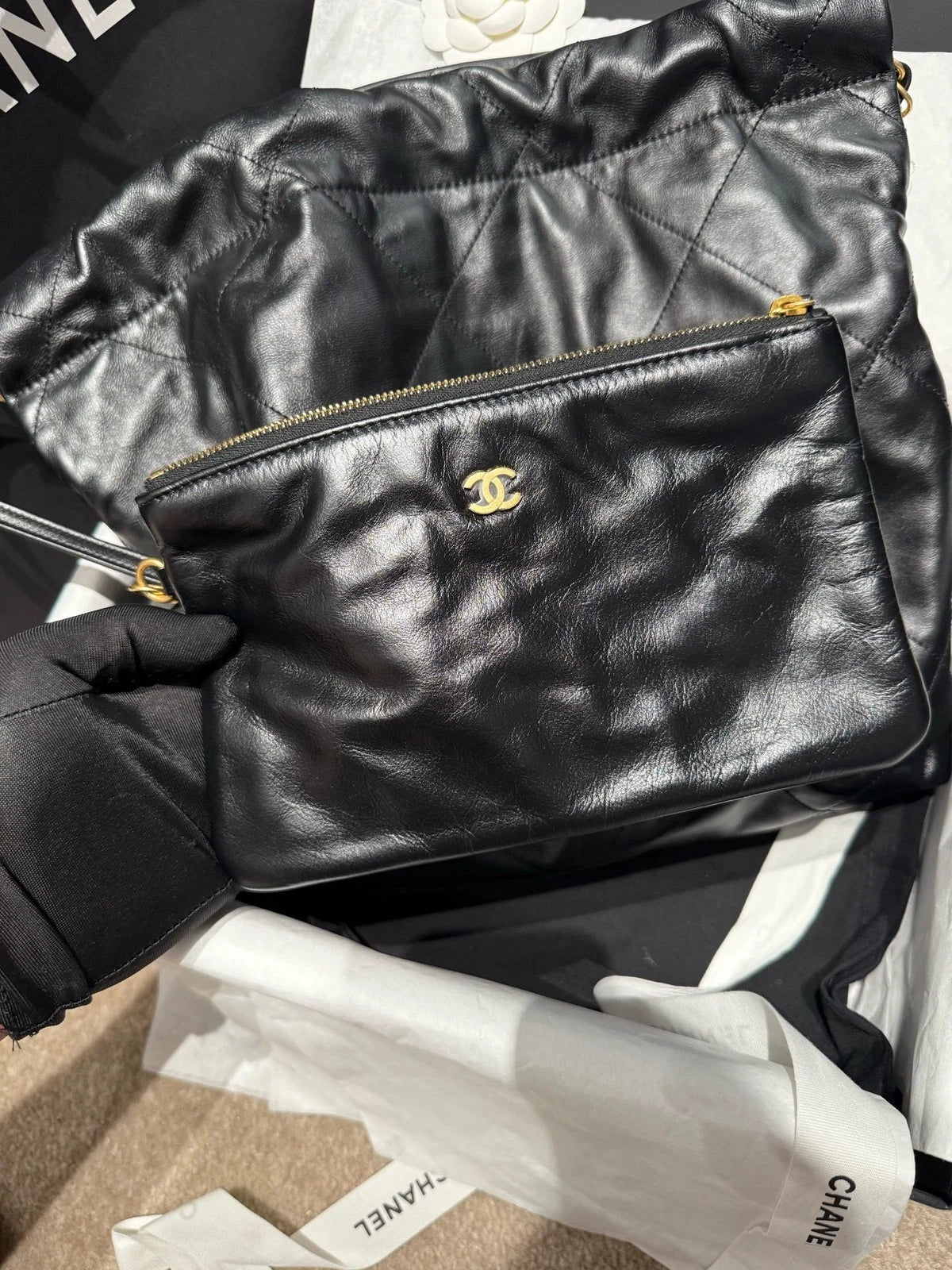 New CHANEL Calfskin 22 Small Black Tote Shoulder Bag For Women