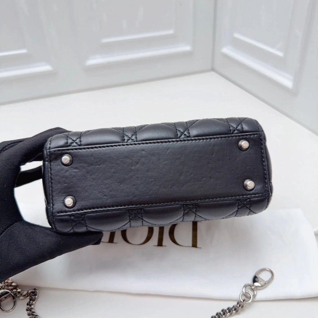 Christian Dior Lady Dior Lambskin Black Handbag Chain Crossbody Silver Hardware