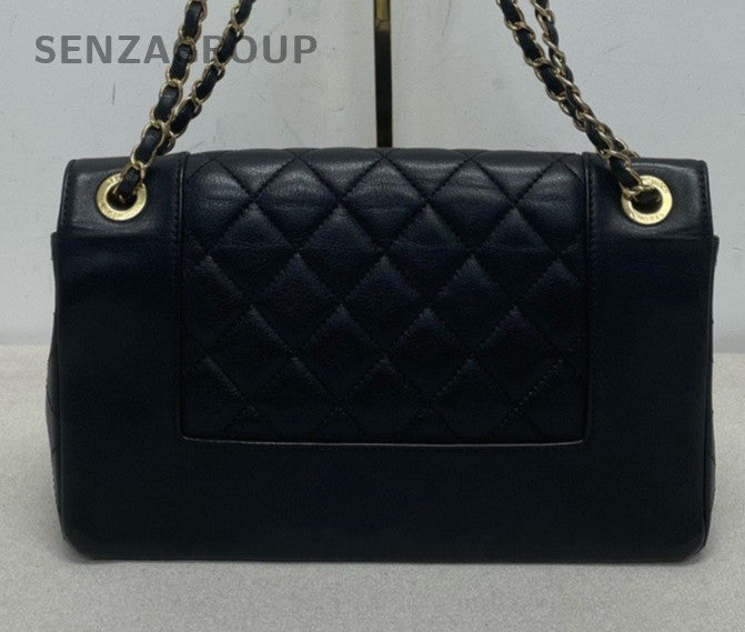 Chanel Classic Flap GM Chain Shoulder Bag Black Gold Women Fashion