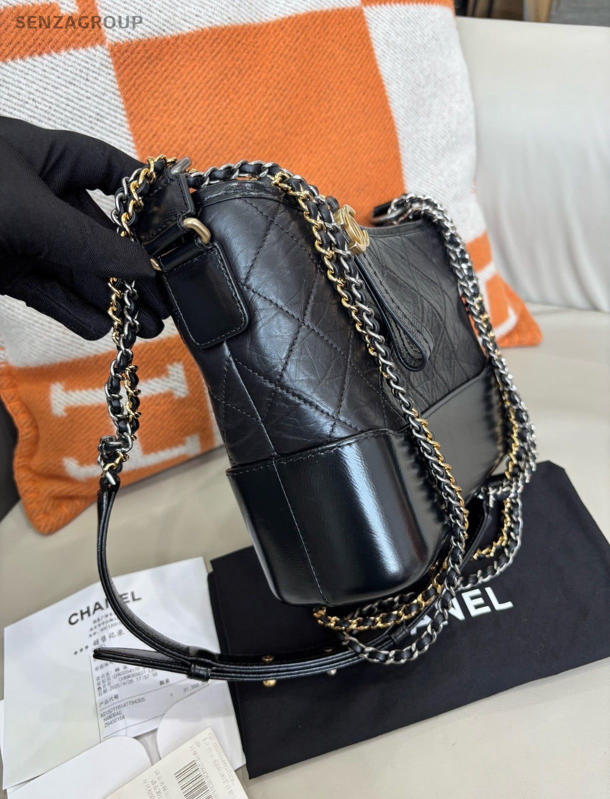 CHANEL Gabrielle MM Diamond Pattern Chain Shoulder bag Crossbody Black Gold