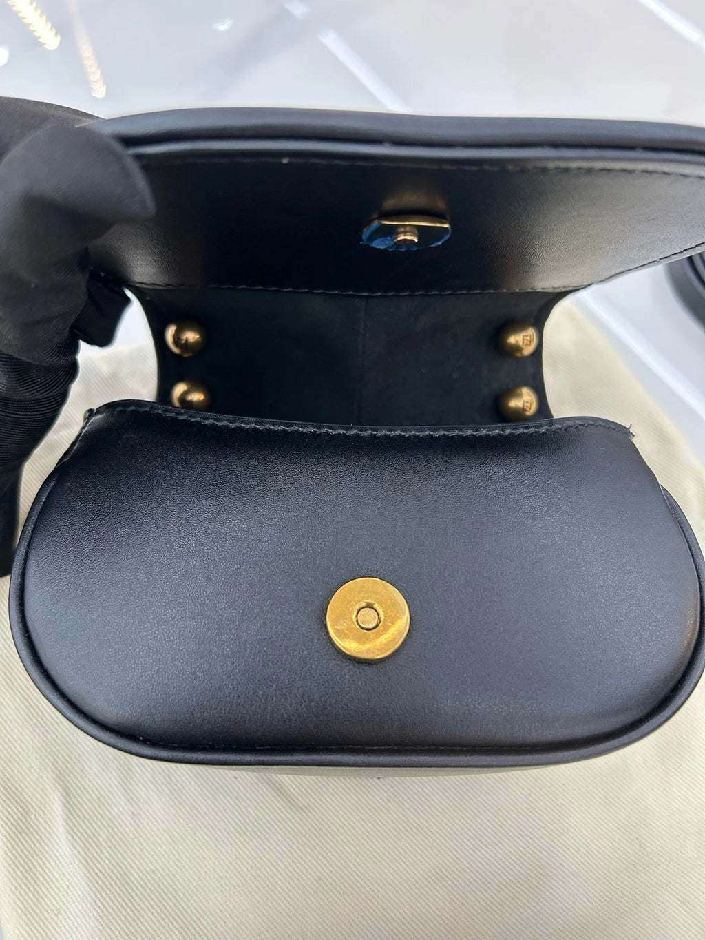 Fendi C'Mon Nano Black Calfskin Gold Shoulder Bag For Women