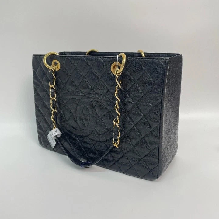 CHANEL GST Medium Black Gold Leather Tote Bag For Women