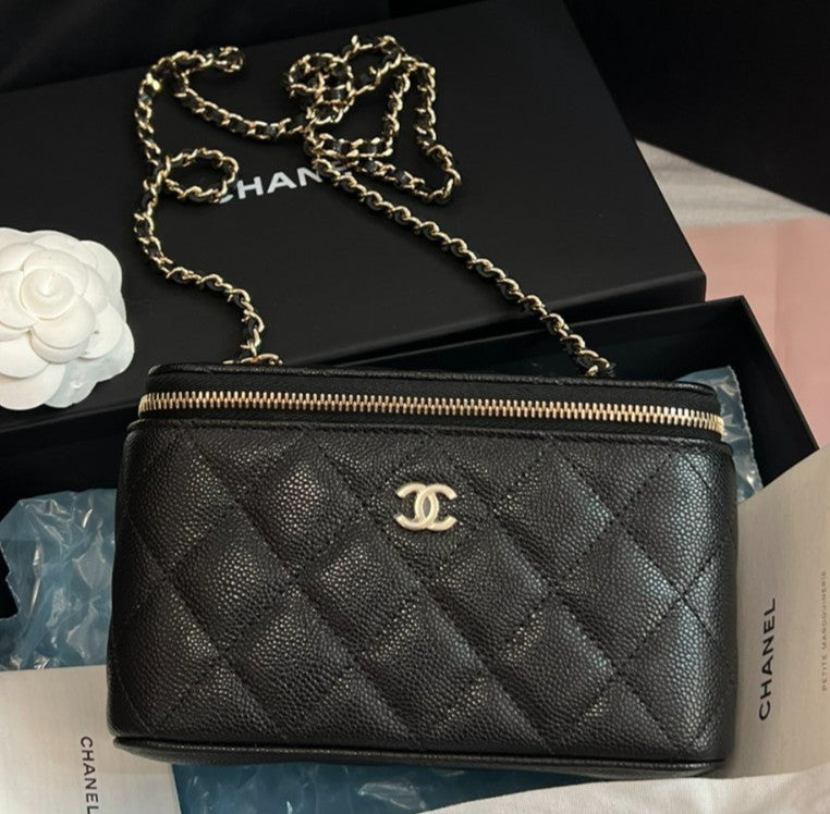 Chanel Vanity Case Chain Crossbody Black Gold Diamond Women Classic