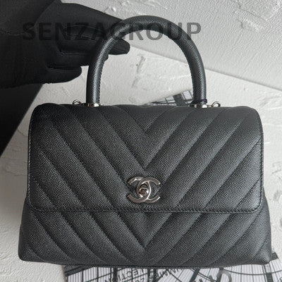 Chanel Coco Handle V-Stitch Black Silver Top Handle Chain Crossbody Bag