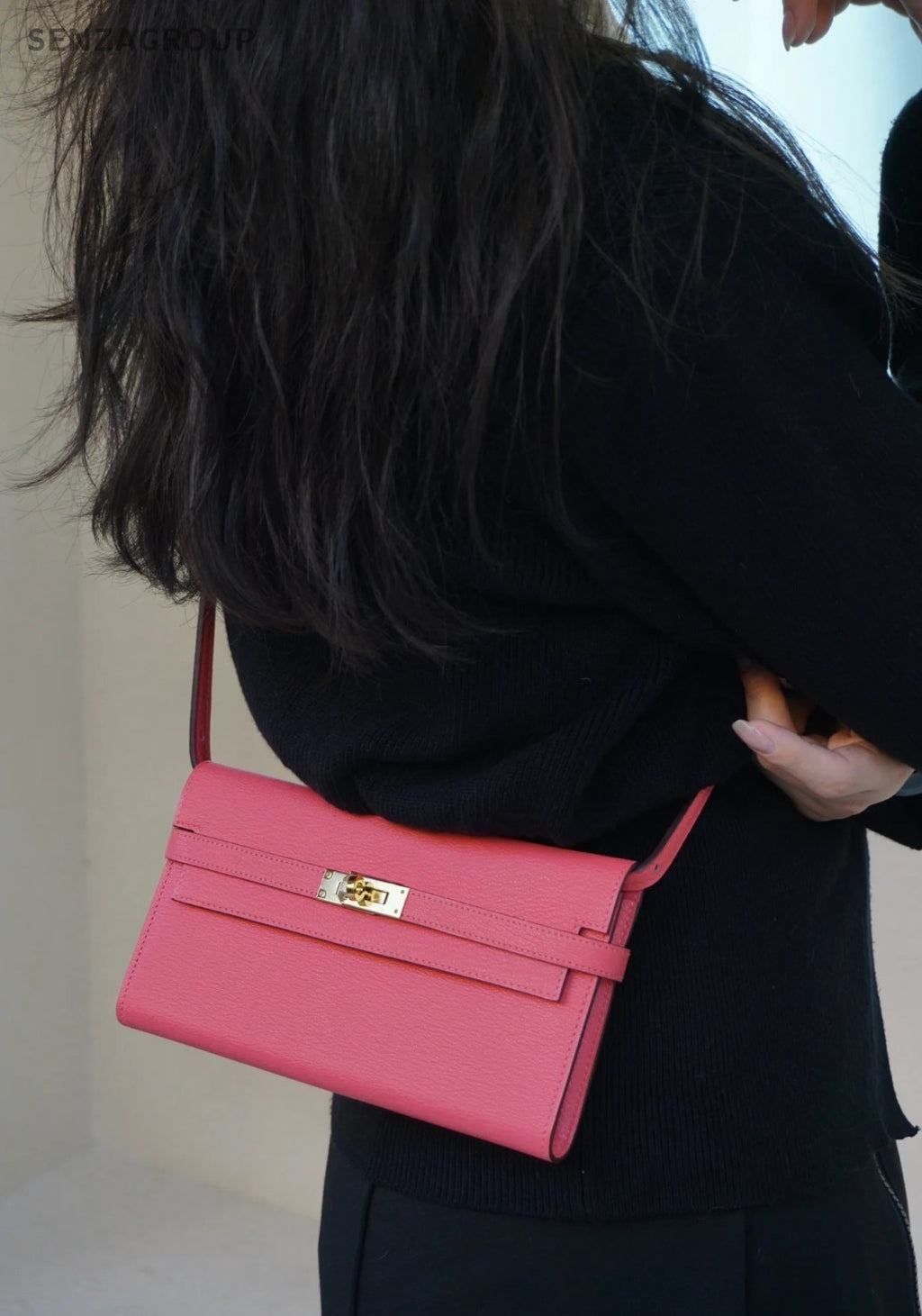 Hermes Kelly Long Wallet Epsom Leather DIY Chain Pink Women Almost Brand NEW