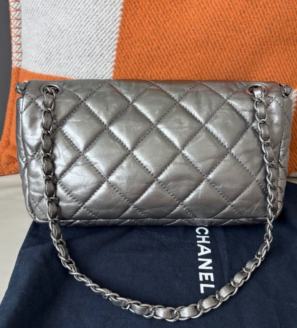 Chanel Classic Flap Calfskin Chain Shoulder Bag Silver Women