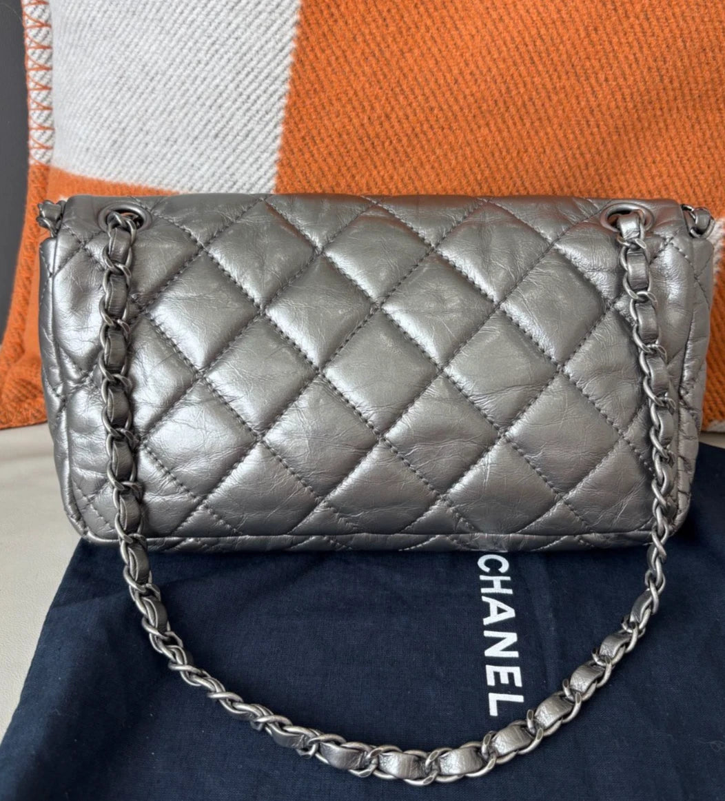 Chanel Classic Flap Calfskin Chain Shoulder Bag Silver Women