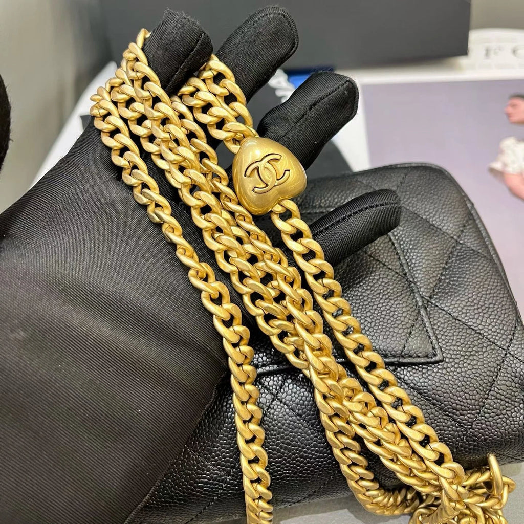 Chanel Calfskin Chain Shoulder Bag Crossbody Black Gold Diamond Women Classic