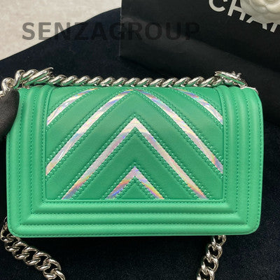 Chanel Small Le Boy Chevron Green Silver Chain Shoulder Bag Women Classic