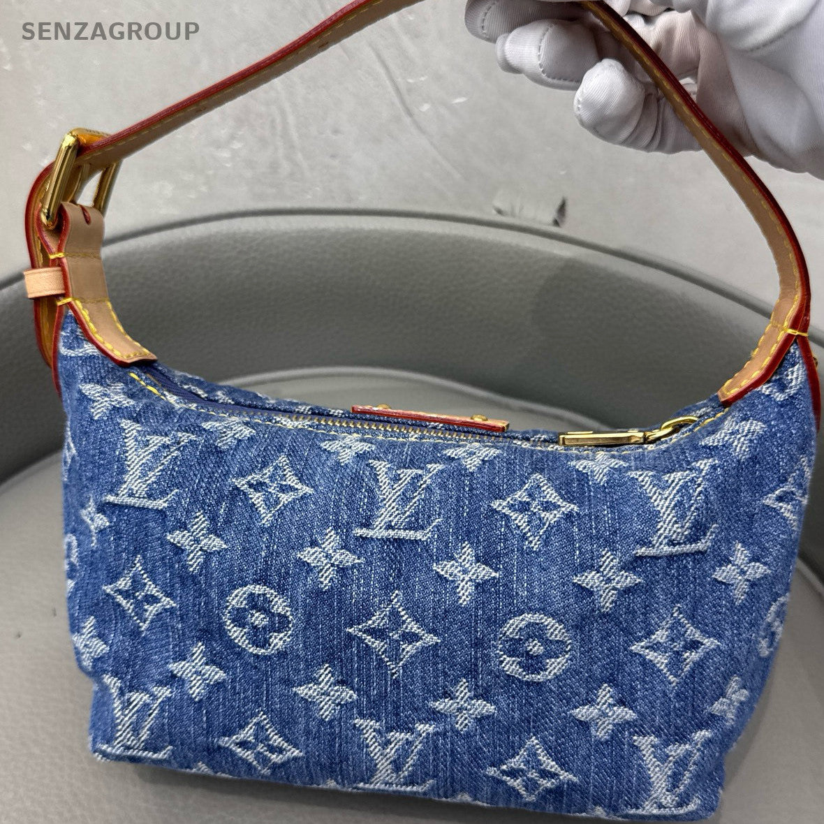 Louis Vuitton Denim Blue Shoulder Bag Gold Buckle Women's Classic Fashion