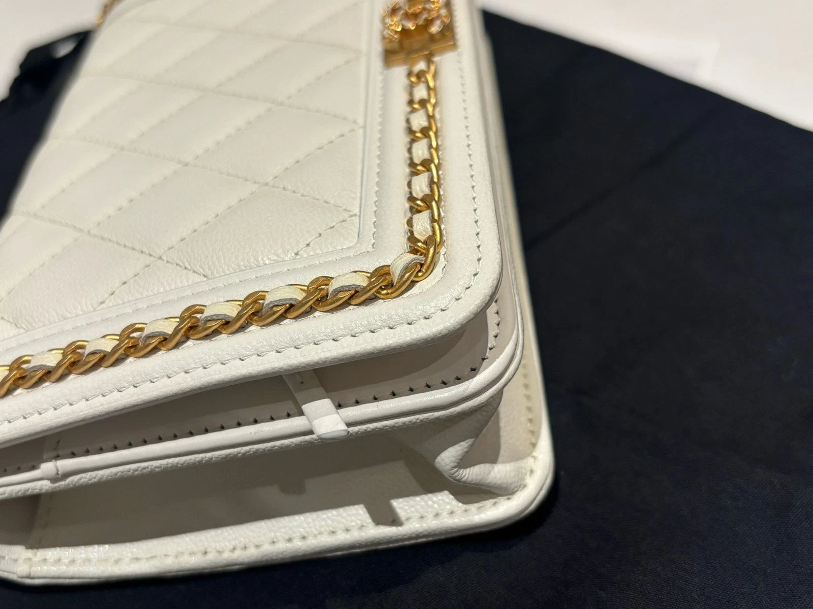Chanel Leboy WOC Chain Shoulder Bag Crossbody White Gold Diamond Women Classic