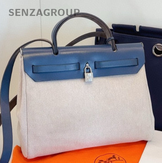 Hermes Herbag31 Top Handle Bag Shoulder Bag White Blue Silver Women Vintage