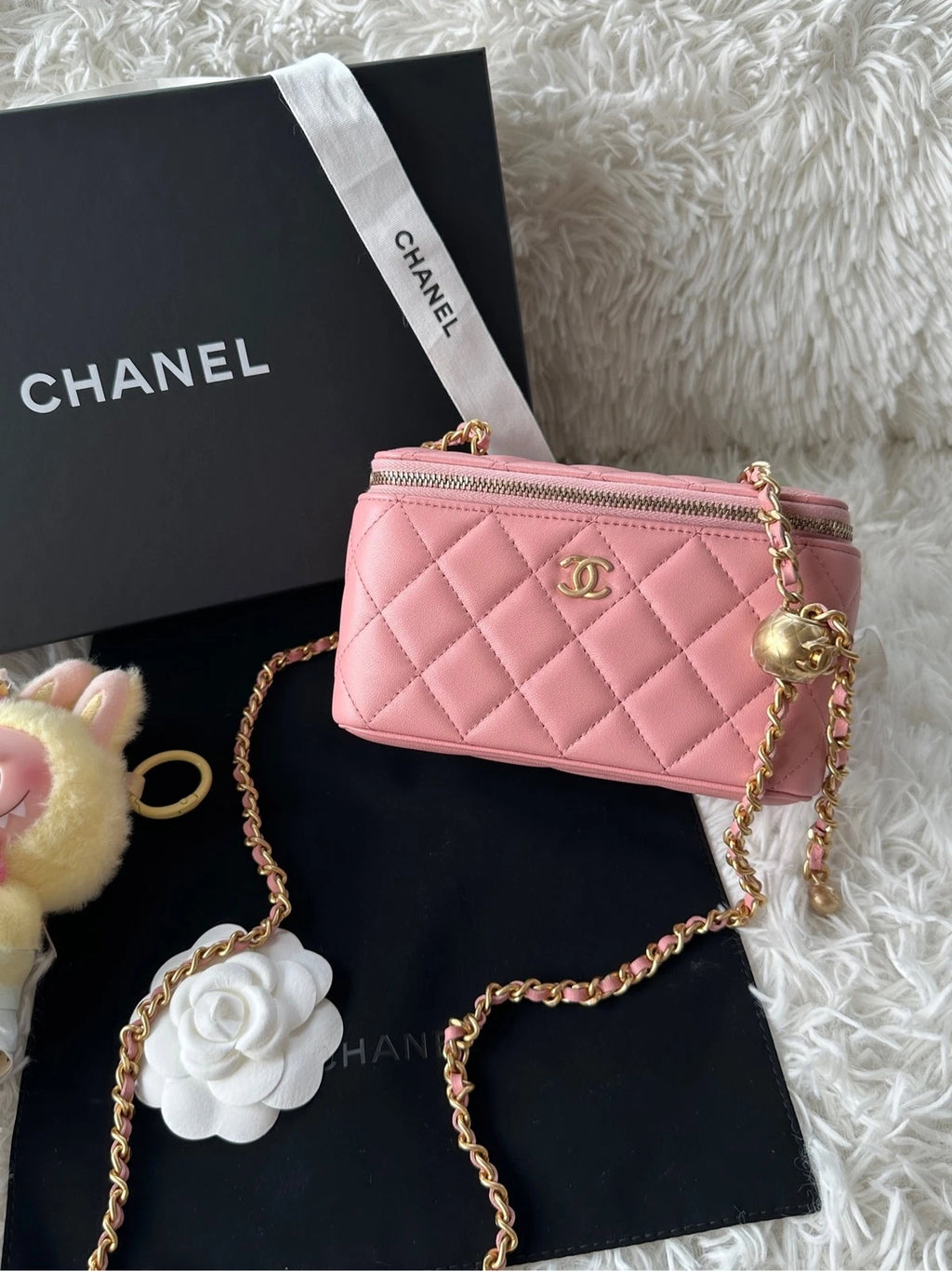 CHANEL Coral Pink Lambskin Gold Ball Long Box Shoulder Crossbody Women