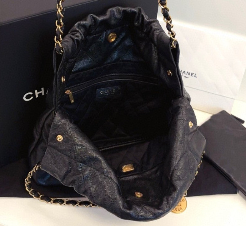 Chanel 22Bag PM Chain Shoulder Bag Black Gold Diamond Women Classic