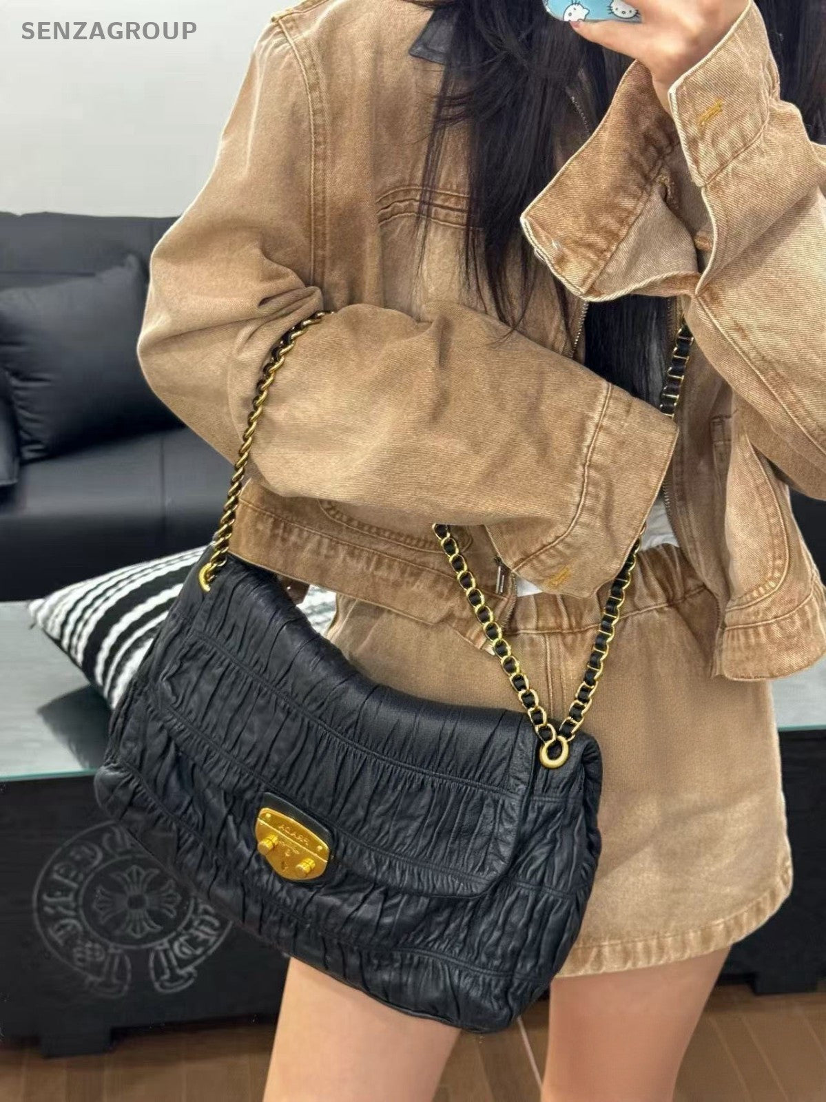 PRADA XXL Hobo Wrinkled patterns Chain Shoulder bag Black Gold Women