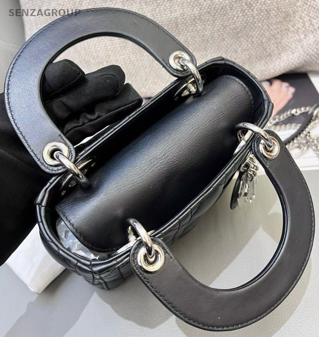 Christian Dior Lady Dior Chain Top Handle Bag Crossbody Black Red Silver Women