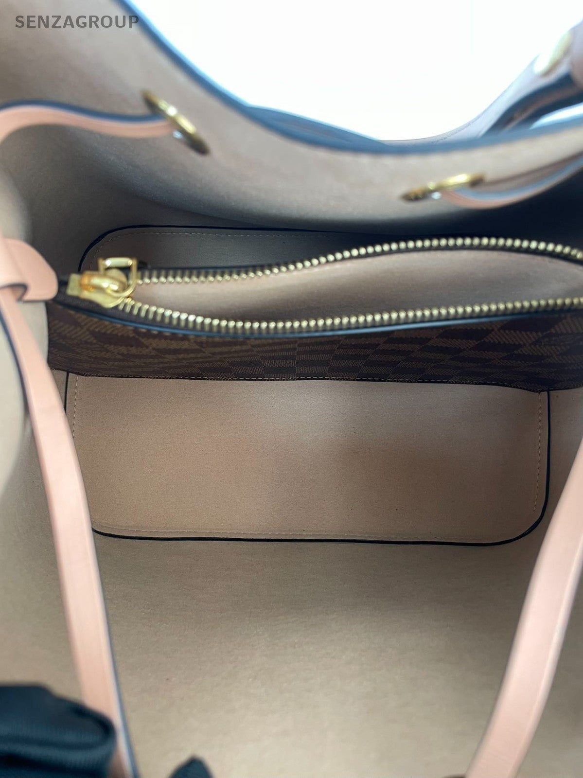 #001 - Louis Vuitton NéoNoé Pink Interior Damier Bucket Bag MM Brown Canvas YY73