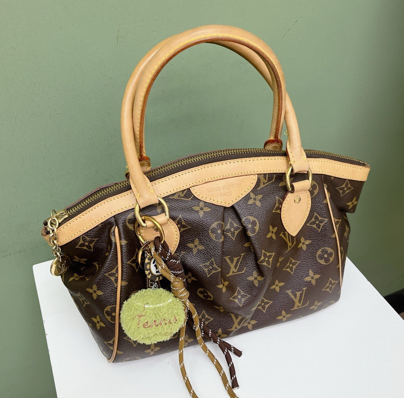 Louis Vuitton Tivoli Monogram Canvas Top Handle Bag Brown Gold Women Classic