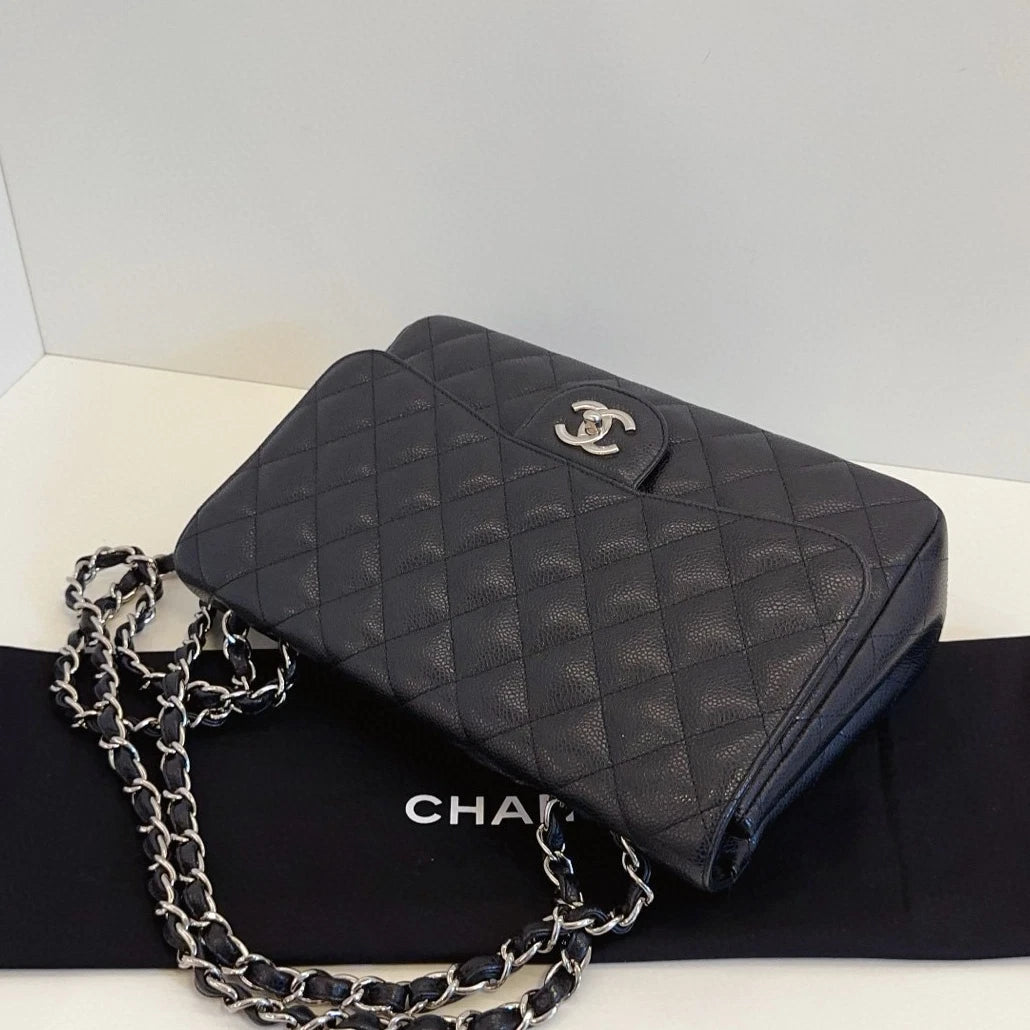 Chanel Classic Flap Jumbo Chain Shoulder Bag Crossbody Black Silver Women