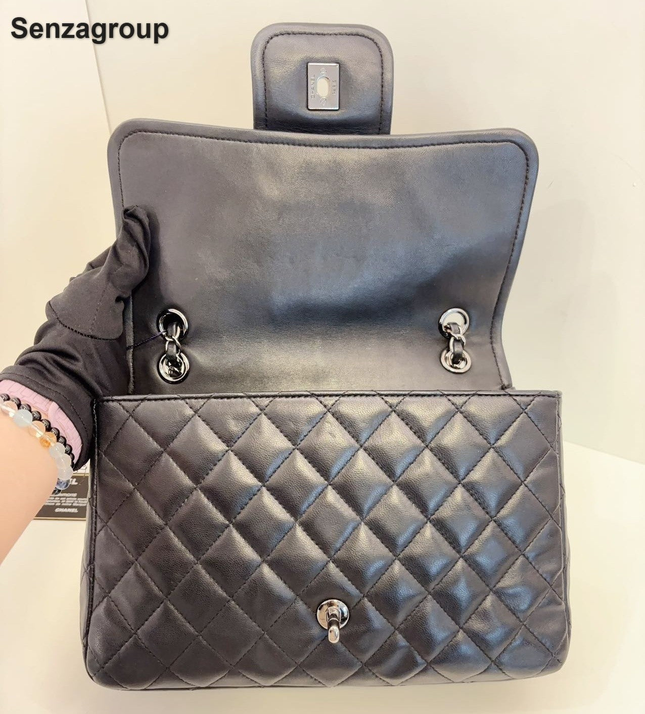 Chanel Classic Flap Chain Shoulder Crossbody Black Silver Diamond Women Fashion