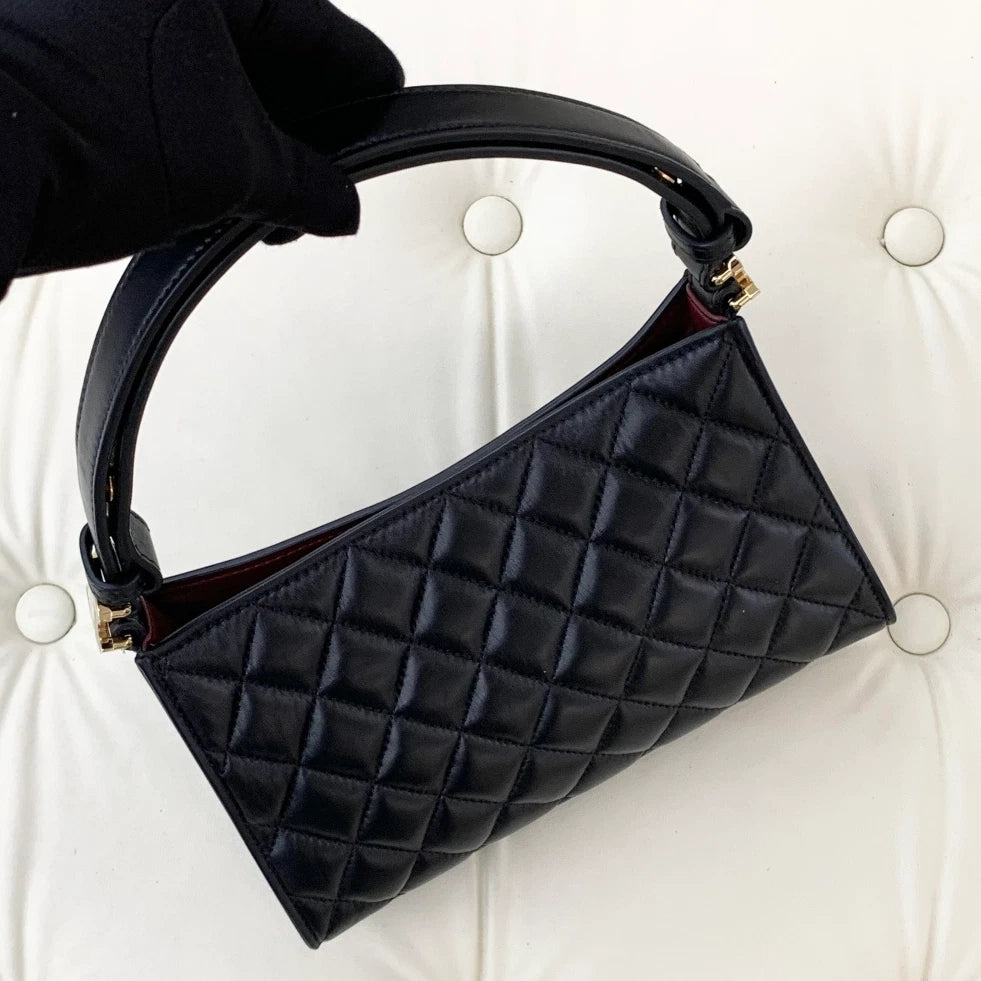 Chanel Hobo Lambskin Top Handle Shoulder Bag Black Gold Hardware Women S