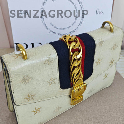 Gucci Sylvia Medium Star Bee Shoulder Crossbody Bag Silver White