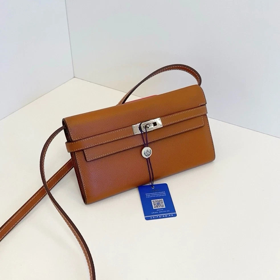 Authentic Hermes Kelly Long Wallet Epsom Shoulder Crossbody Bag Brown SHD