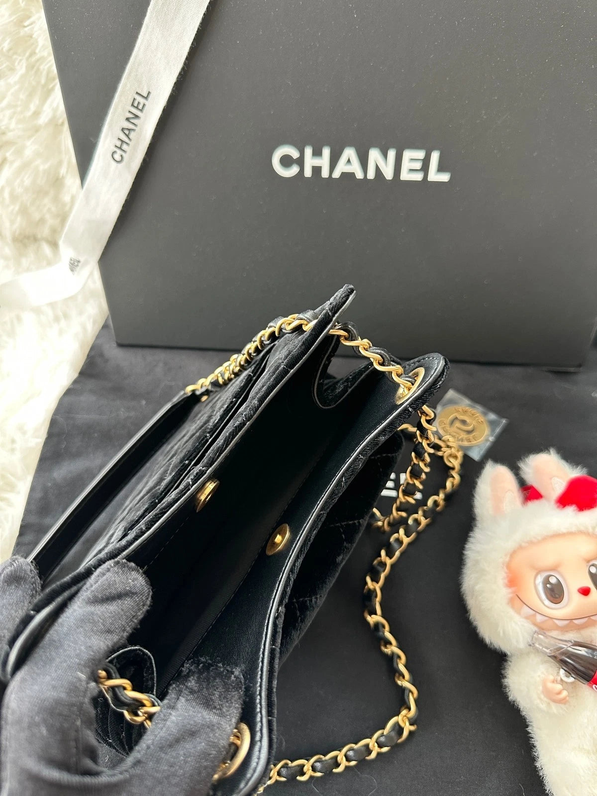 CHANEL Small Black Gold Velvet Shoulder Bag For Women