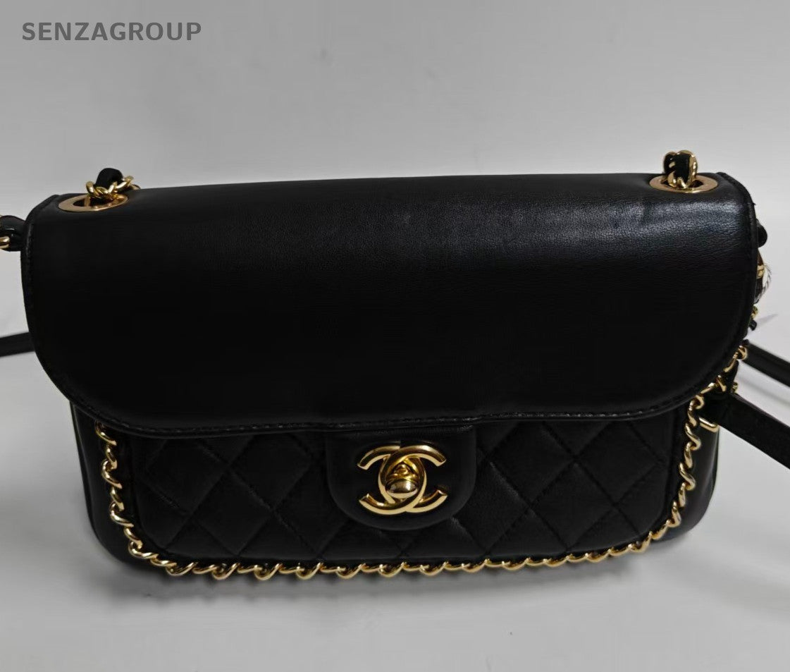 Chanel Timeless Diamond Chain Shoulder Bag Crossbody Black Gold Women Classic