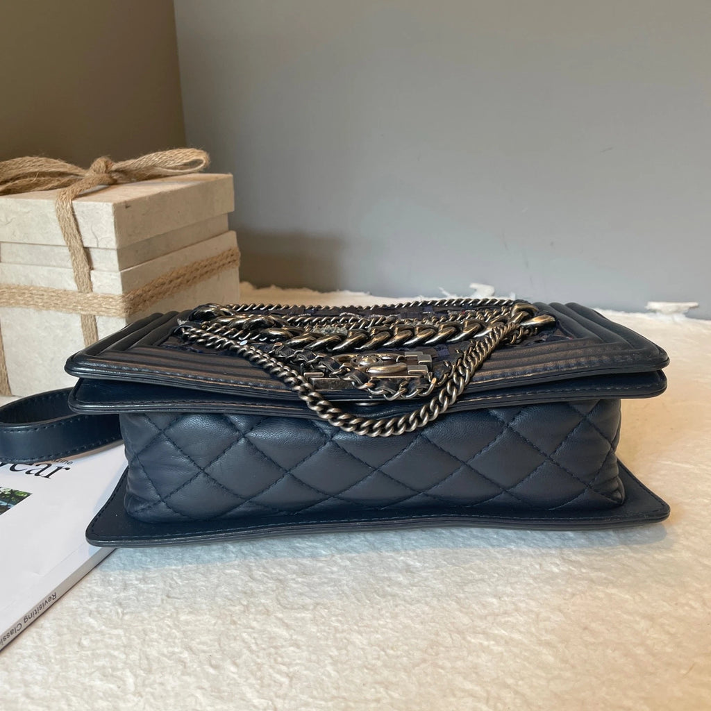 Chanel Leboy Chain Shoulder Bag Crossbody Blue Silver Women Classic Fashion