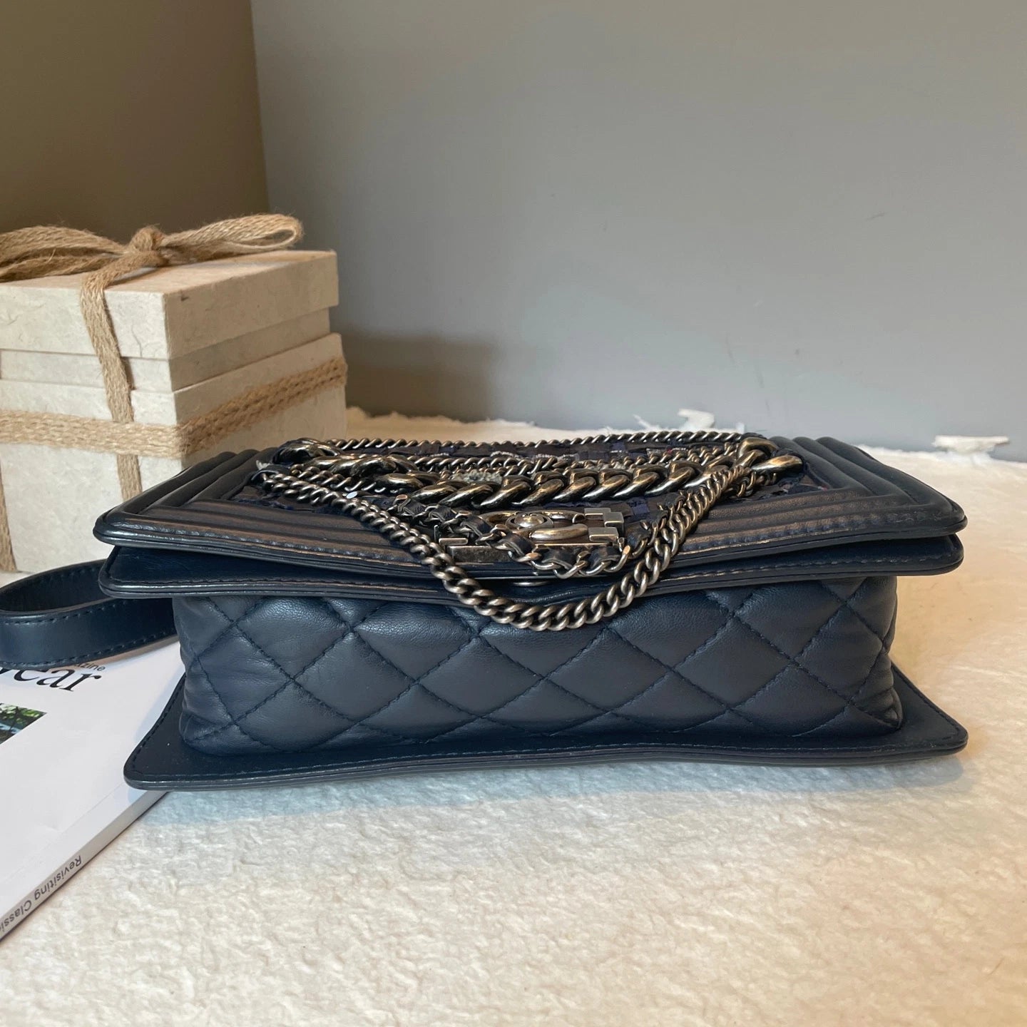 Chanel Leboy Chain Shoulder Bag Crossbody Blue Silver Women Classic Fashion