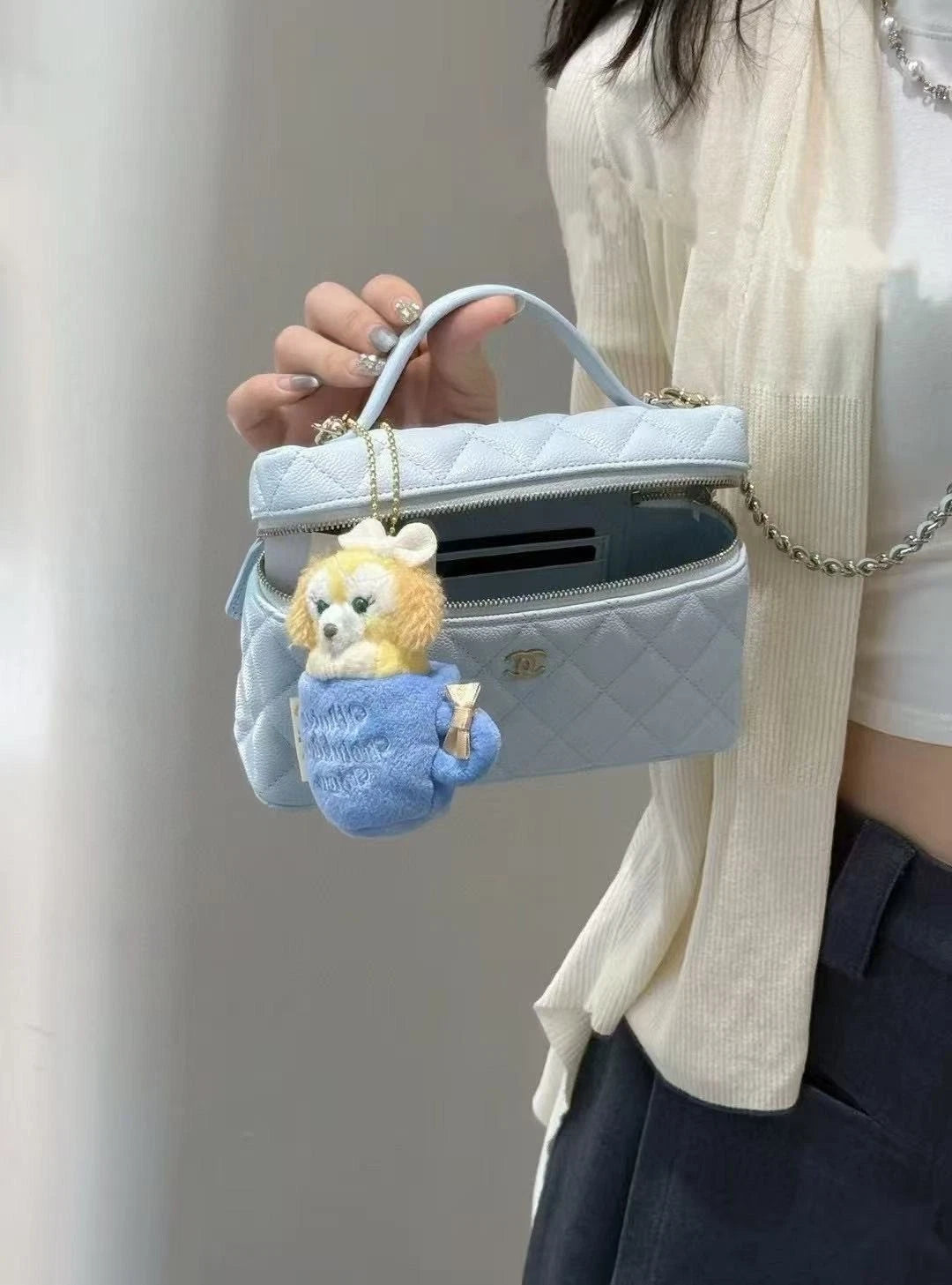 Chanel Baby Blue Leather Vanity Box Bag Gold Chain For Women